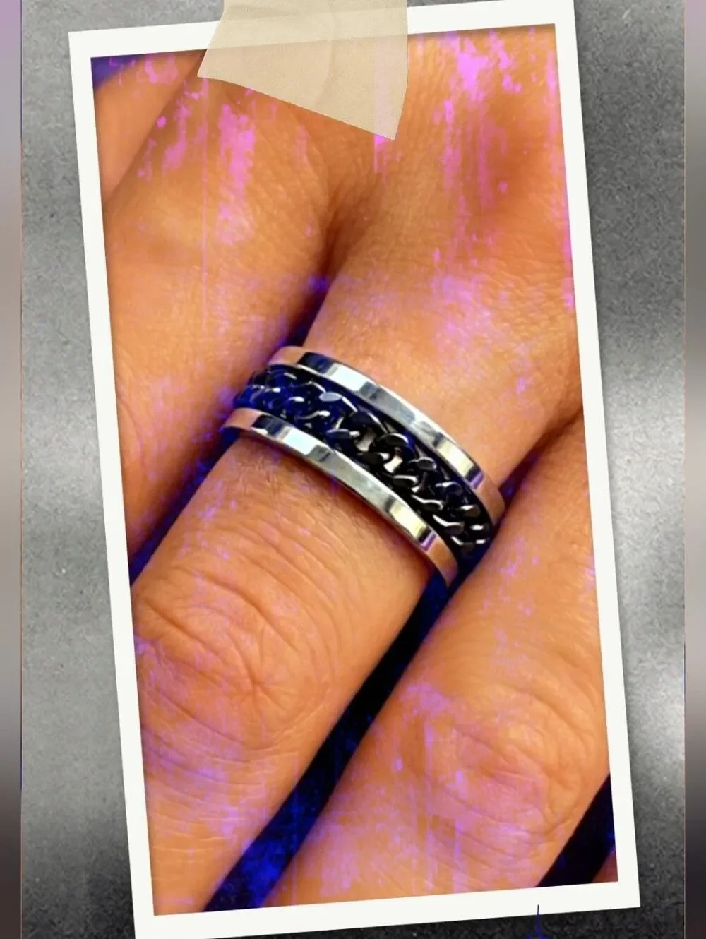 Men's or Women's Polished Silver Titanium Ring with Black Spinner  Chain